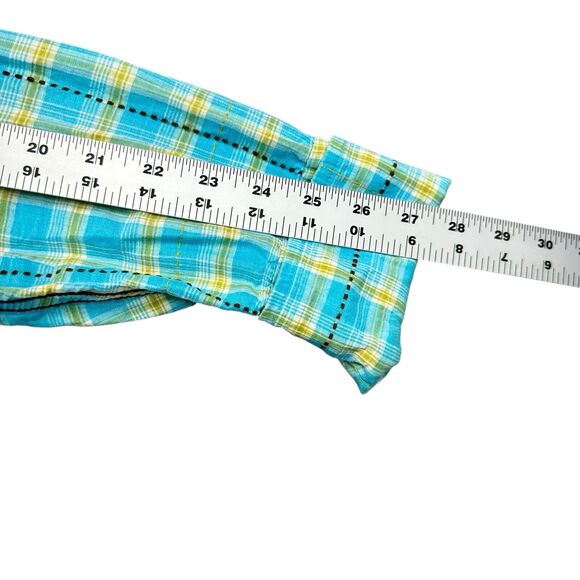 DDC Lab Button Down Shirt Mens Medium Internal Pocket Plaid Blue Mustard White - Picture 7 of 13